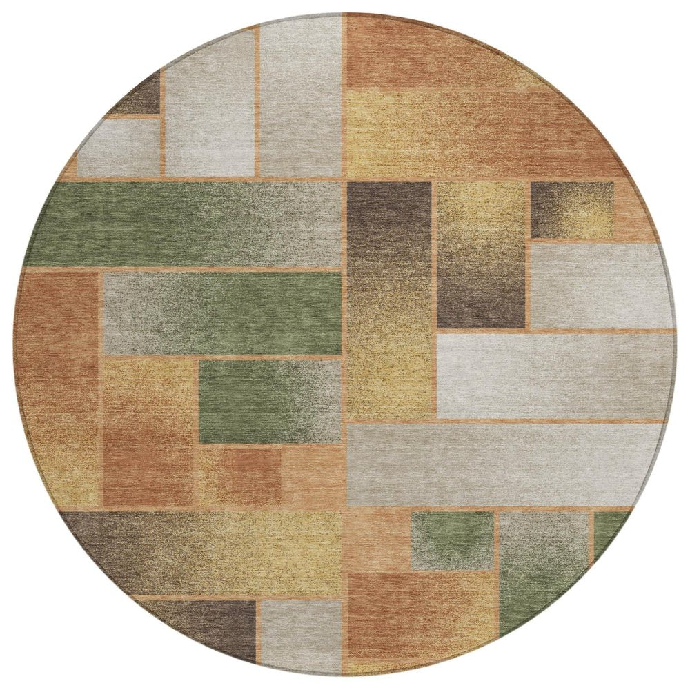 8' Copper And Orange Round Geometric Washable Indoor Outdoor Area Rug — view 1