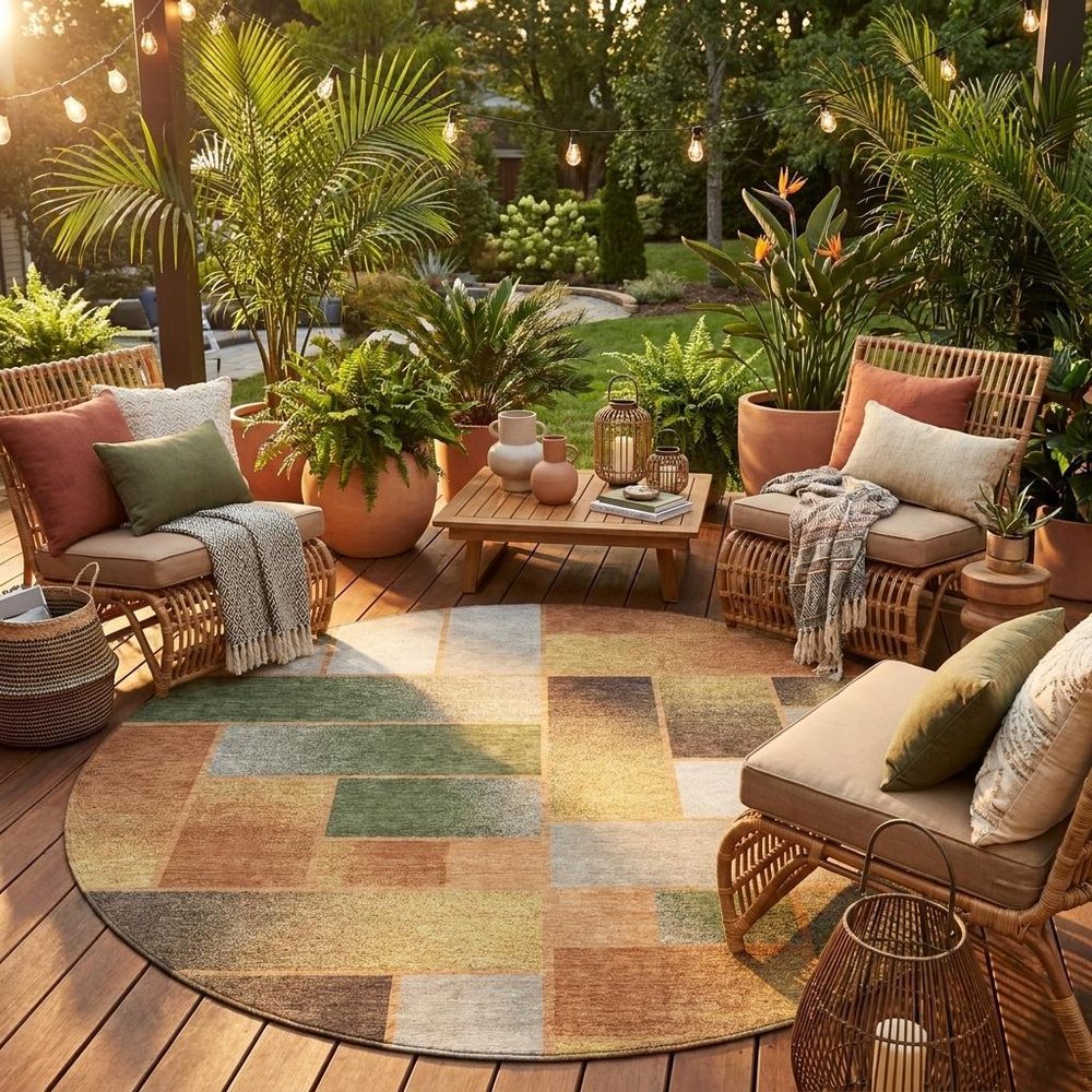 8' Copper And Orange Round Geometric Washable Indoor Outdoor Area Rug — view 5
