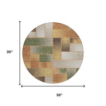 8' Copper And Orange Round Geometric Washable Indoor Outdoor Area Rug