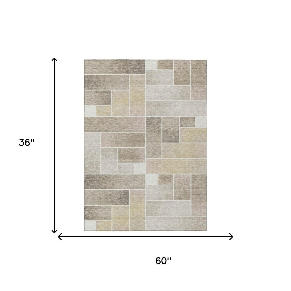 3' X 5' Ivory And Linen Geometric Washable Indoor Outdoor Area Rug — view 4