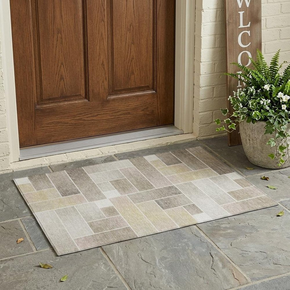 3' X 5' Ivory And Linen Geometric Washable Indoor Outdoor Area Rug — view 5