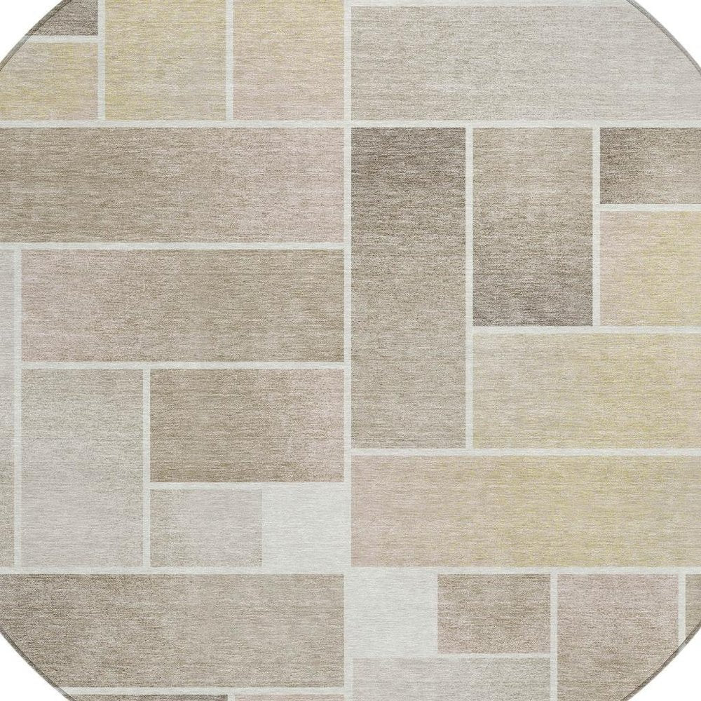 8' Ivory And Linen Round Geometric Washable Indoor Outdoor Area Rug — view 6