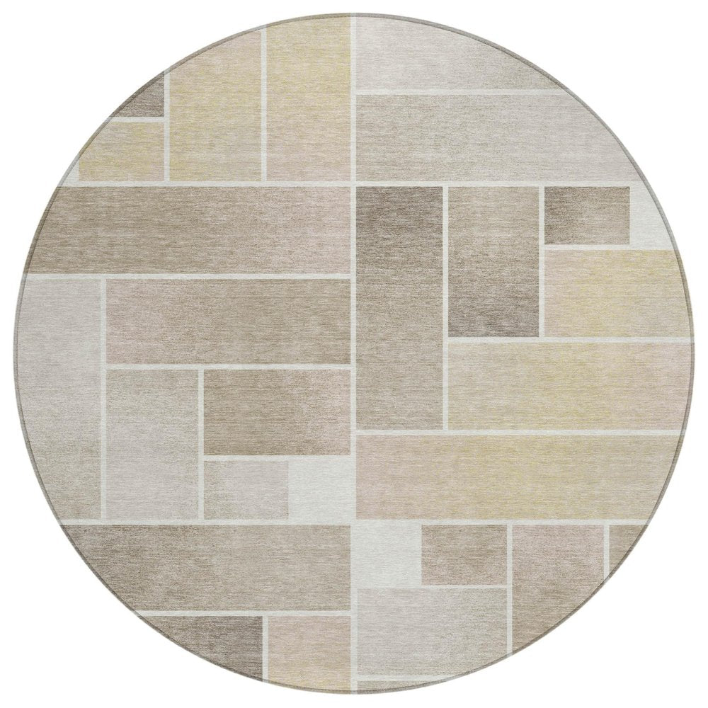 8' Ivory And Linen Round Geometric Washable Indoor Outdoor Area Rug — view 1