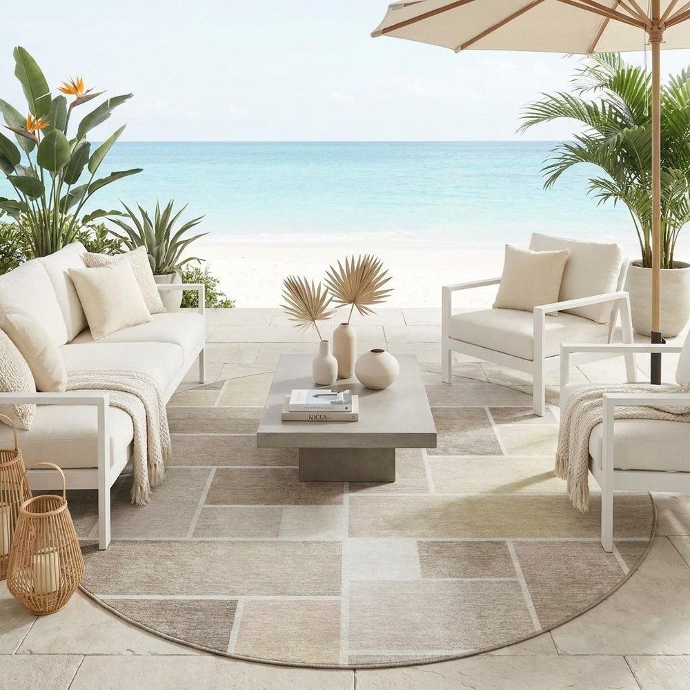8' Ivory And Linen Round Geometric Washable Indoor Outdoor Area Rug HomeRoots
