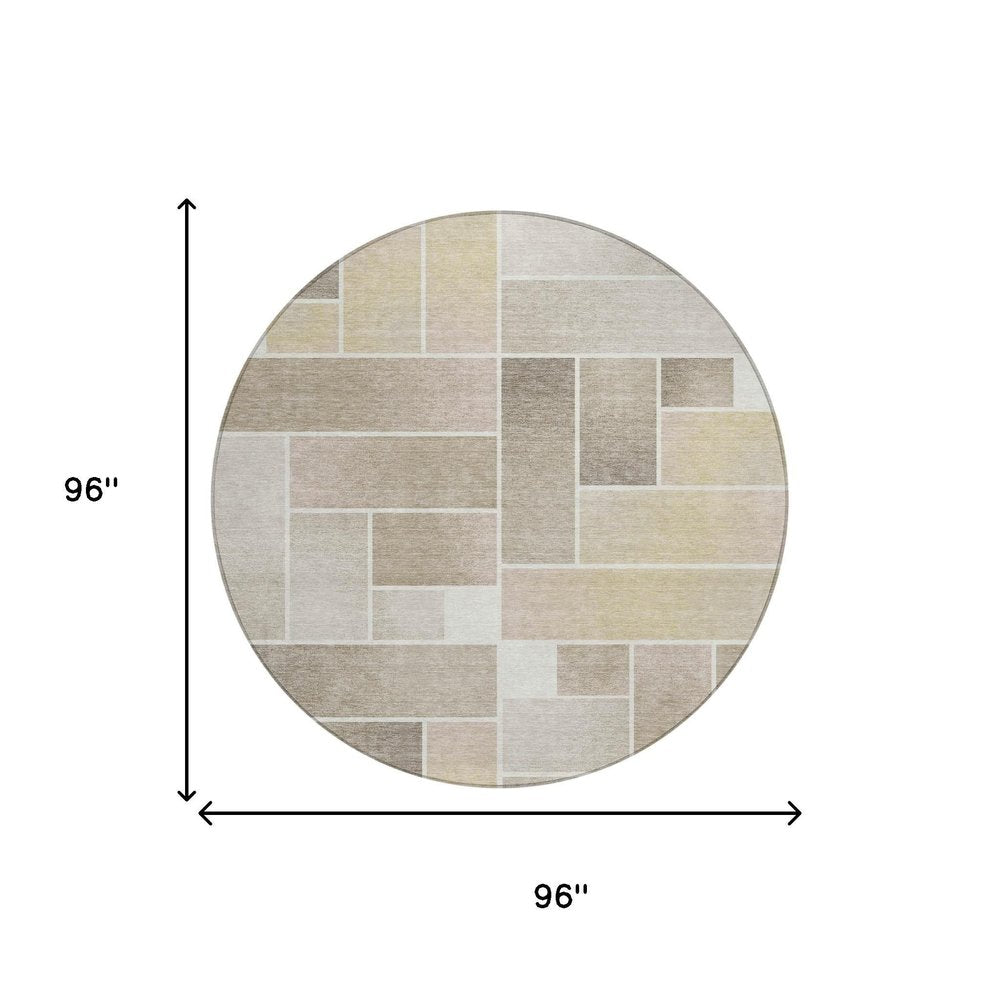 8' Ivory And Linen Round Geometric Washable Indoor Outdoor Area Rug — view 4