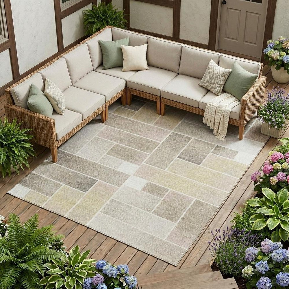 8' X 10' Ivory And Linen Geometric Washable Indoor Outdoor Area Rug HomeRoots