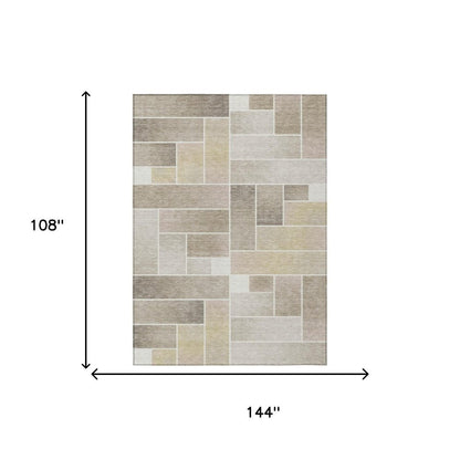 9' X 12' Ivory And Linen Geometric Washable Indoor Outdoor Area Rug