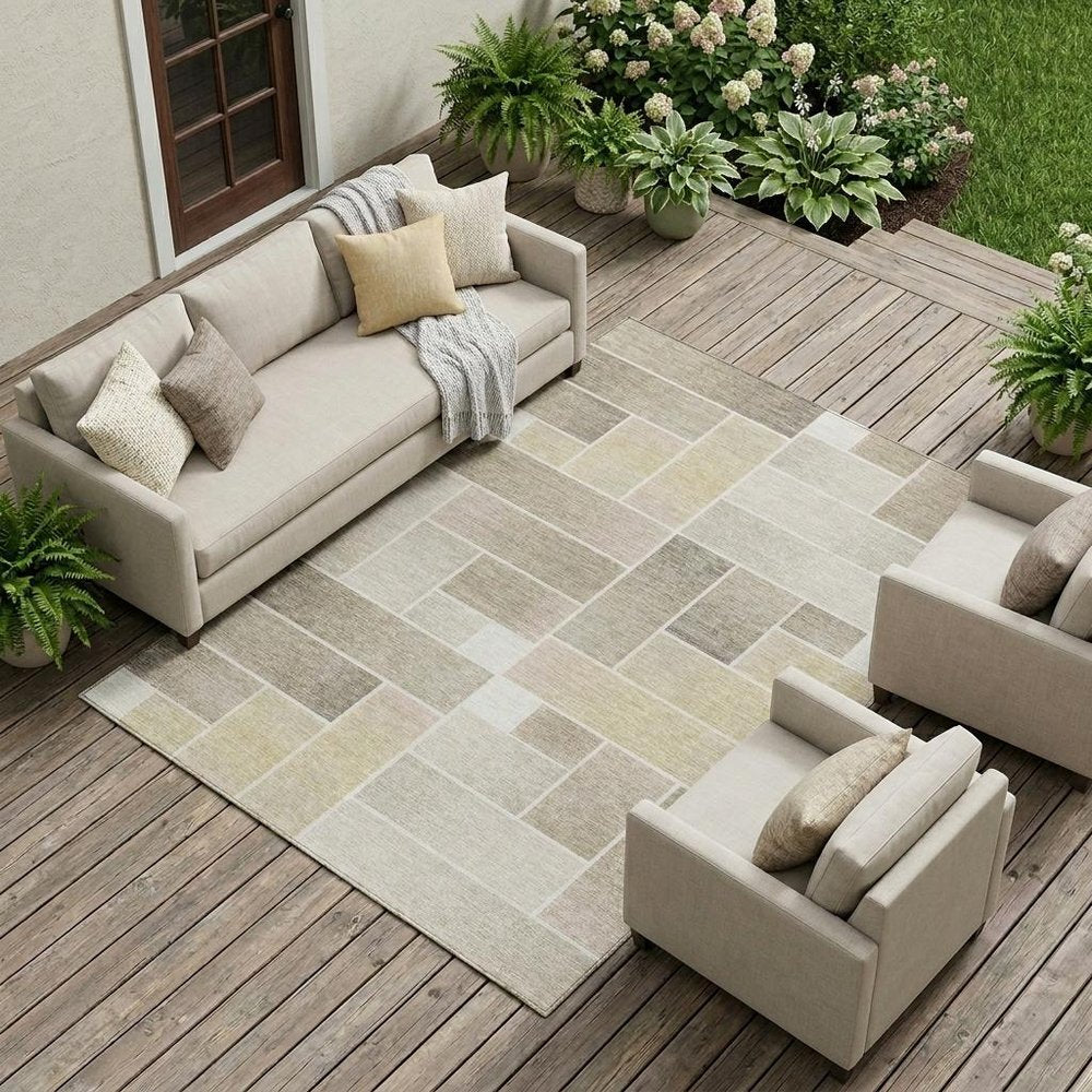 9' X 12' Ivory And Linen Geometric Washable Indoor Outdoor Area Rug — view 5