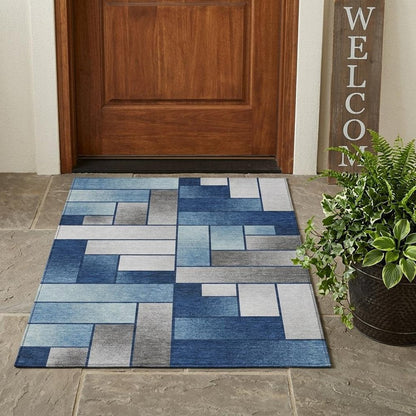 3' X 5' Navy Blue And Blue Geometric Washable Indoor Outdoor Area Rug HomeRoots