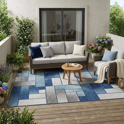 5' X 8' Navy Blue And Blue Geometric Washable Indoor Outdoor Area Rug