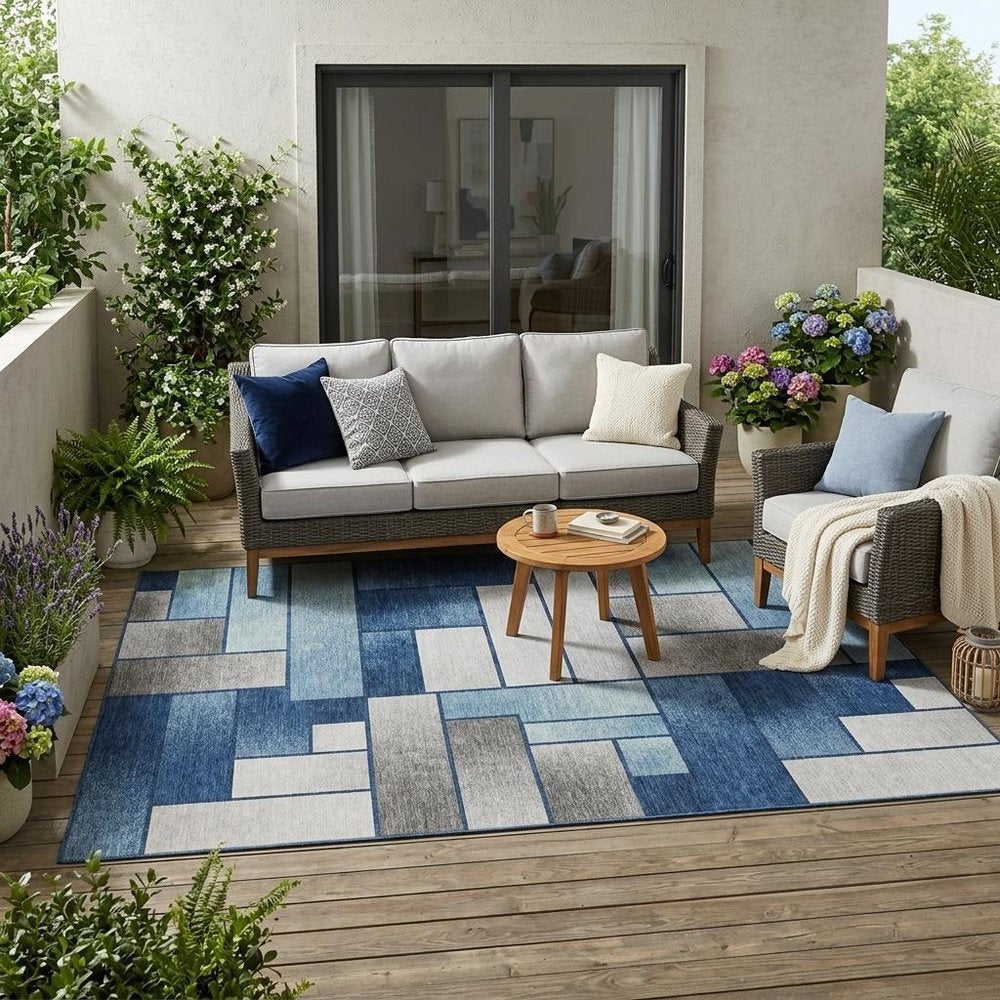 5' X 8' Navy Blue And Blue Geometric Washable Indoor Outdoor Area Rug HomeRoots