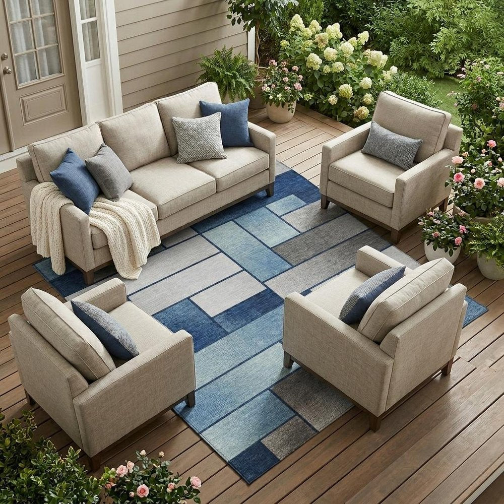 8' X 10' Navy Blue And Blue Geometric Washable Indoor Outdoor Area Rug — view 5