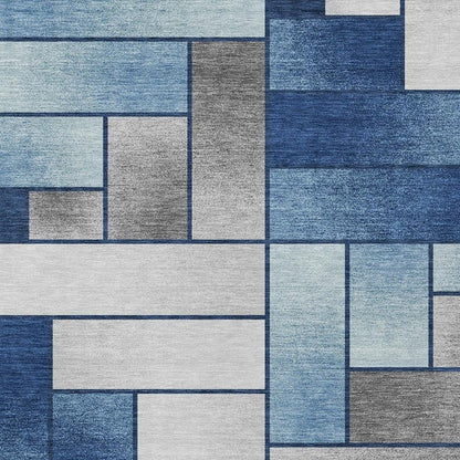 8' X 10' Navy Blue And Blue Geometric Washable Indoor Outdoor Area Rug