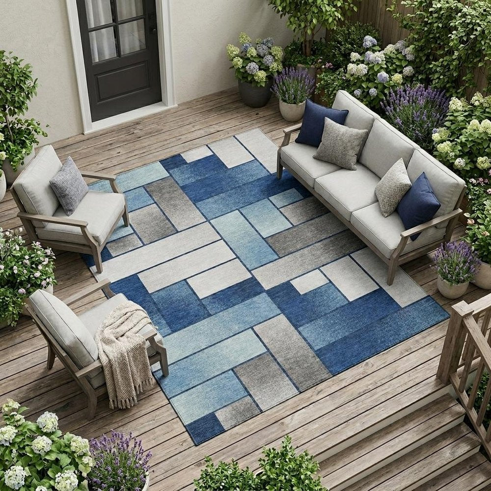 9' X 12' Navy Blue And Blue Geometric Washable Indoor Outdoor Area Rug — view 5
