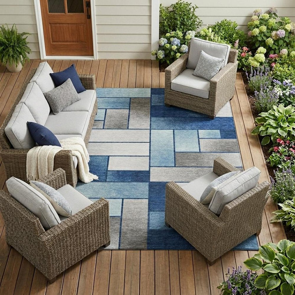 10' X 14' Navy Blue And Blue Geometric Washable Indoor Outdoor Area Rug — view 5