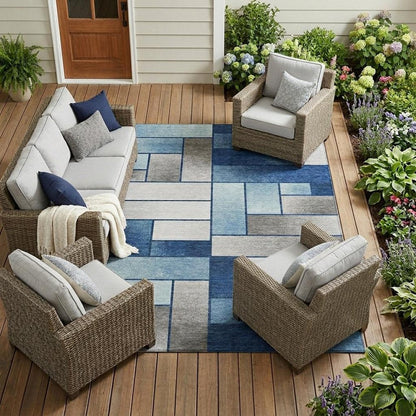 10' X 14' Navy Blue And Blue Geometric Washable Indoor Outdoor Area Rug HomeRoots
