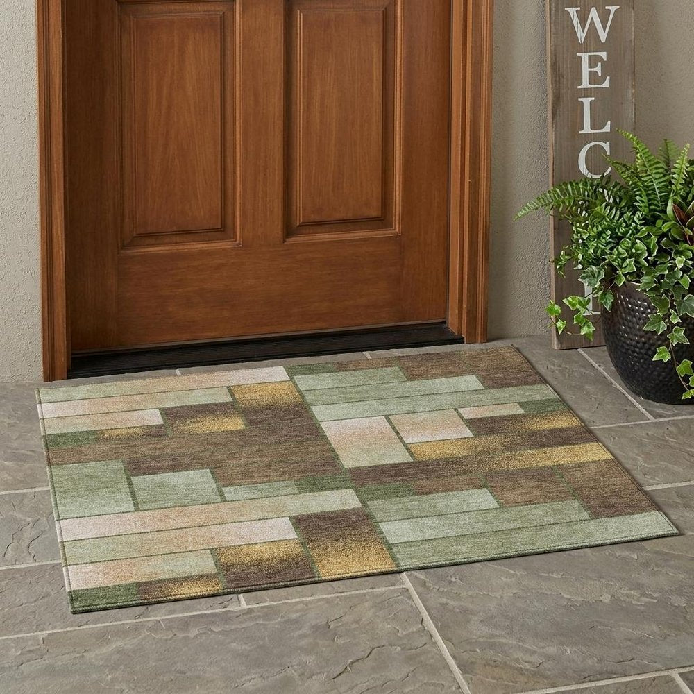 3' X 5' Olive Green And Green Geometric Washable Indoor Outdoor Area Rug HomeRoots