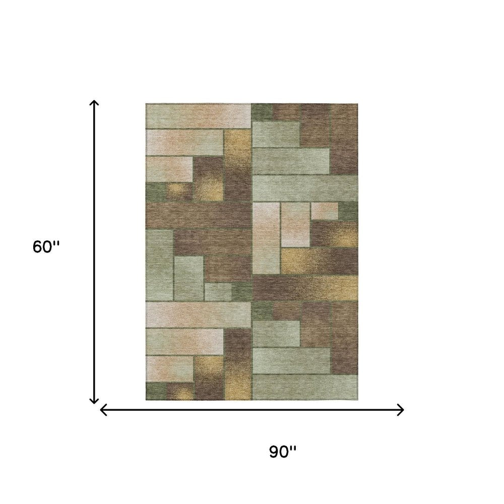 5' X 8' Olive Green And Green Geometric Washable Indoor Outdoor Area Rug — view 4