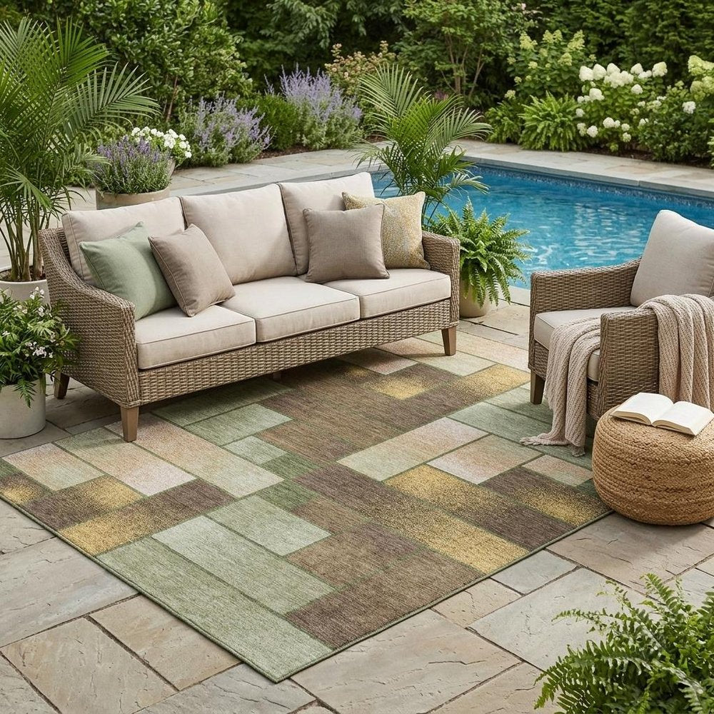 5' X 8' Olive Green And Green Geometric Washable Indoor Outdoor Area Rug HomeRoots
