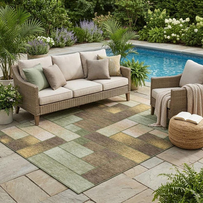 5' X 8' Olive Green And Green Geometric Washable Indoor Outdoor Area Rug HomeRoots