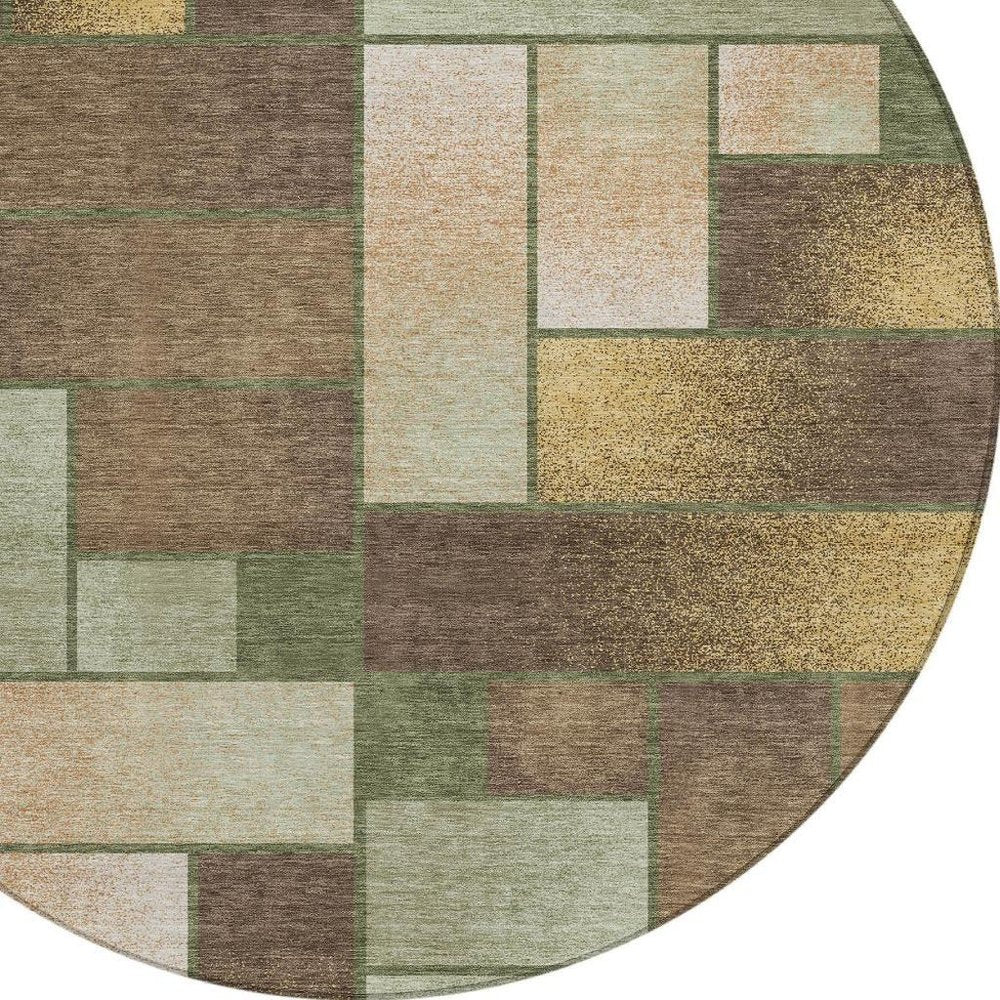8' Olive Green And Green Round Geometric Washable Indoor Outdoor Area Rug — view 6