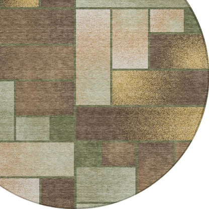 8' Olive Green And Green Round Geometric Washable Indoor Outdoor Area Rug