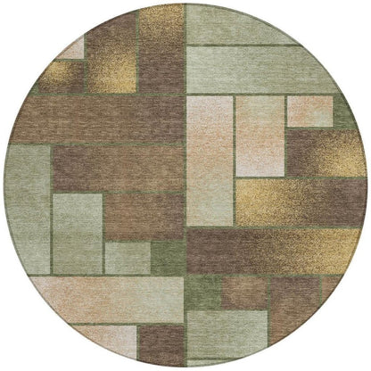 8' Olive Green And Green Round Geometric Washable Indoor Outdoor Area Rug HomeRoots