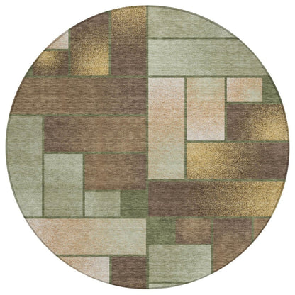 8' Olive Green And Green Round Geometric Washable Indoor Outdoor Area Rug HomeRoots