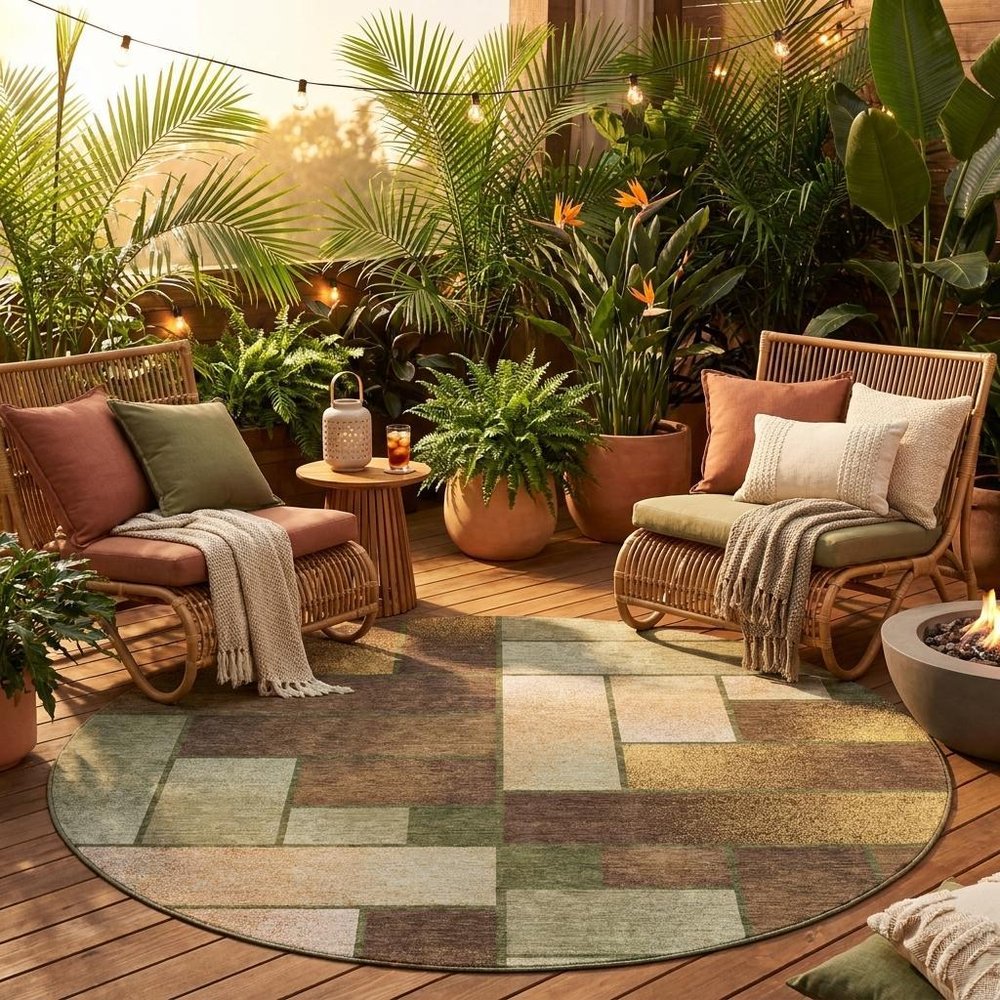 8' Olive Green And Green Round Geometric Washable Indoor Outdoor Area Rug