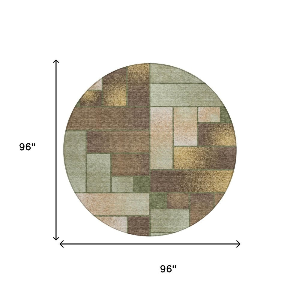 8' Olive Green And Green Round Geometric Washable Indoor Outdoor Area Rug — view 4