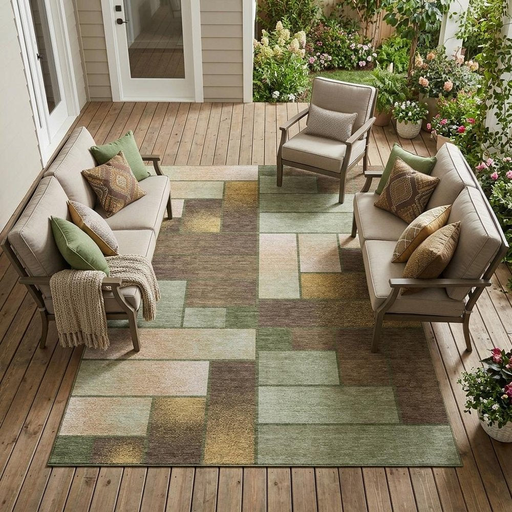 8' X 10' Olive Green And Green Geometric Washable Indoor Outdoor Area Rug — view 5