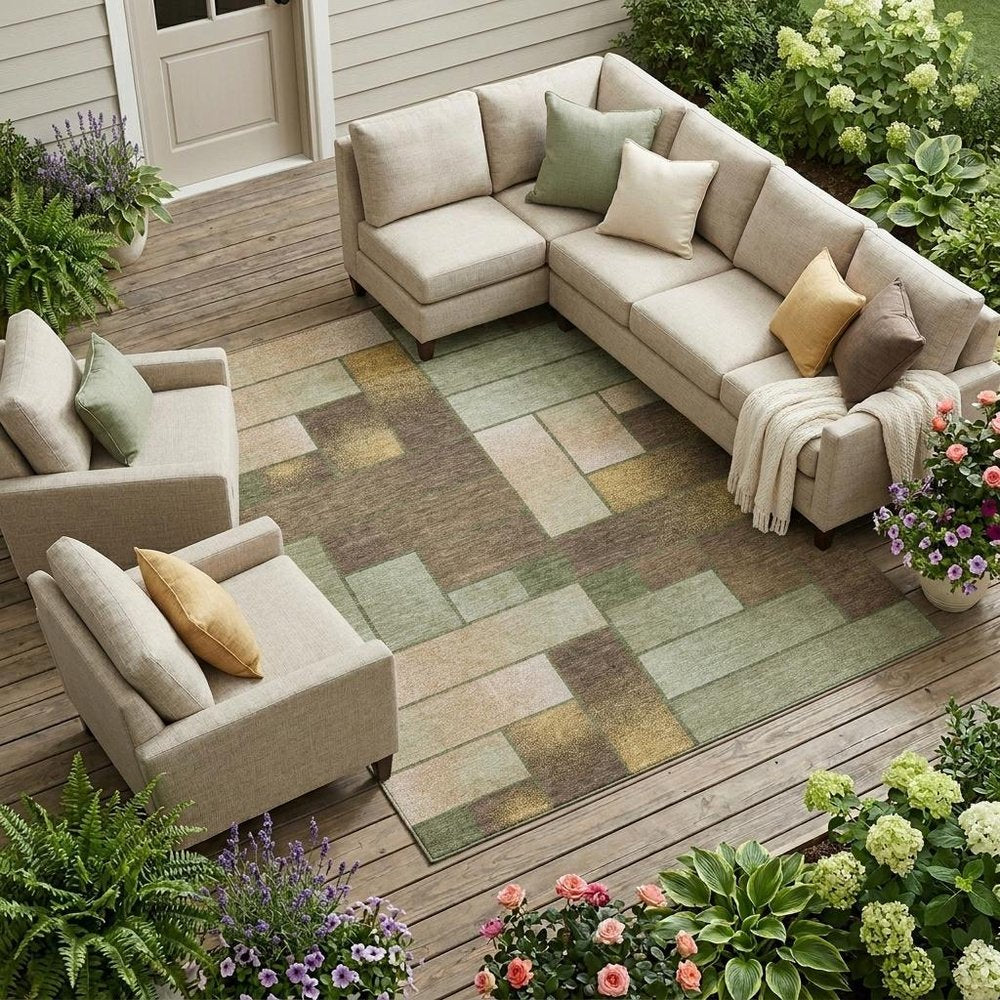10' X 14' Olive Green And Green Geometric Washable Indoor Outdoor Area Rug — view 5