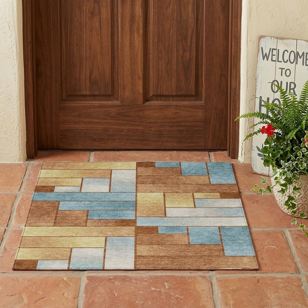 3' X 5' Orange And Blue Geometric Washable Indoor Outdoor Area Rug