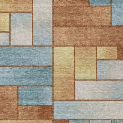 3' X 5' Orange And Blue Geometric Washable Indoor Outdoor Area Rug