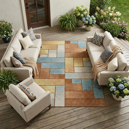 8' X 10' Orange And Blue Geometric Washable Indoor Outdoor Area Rug