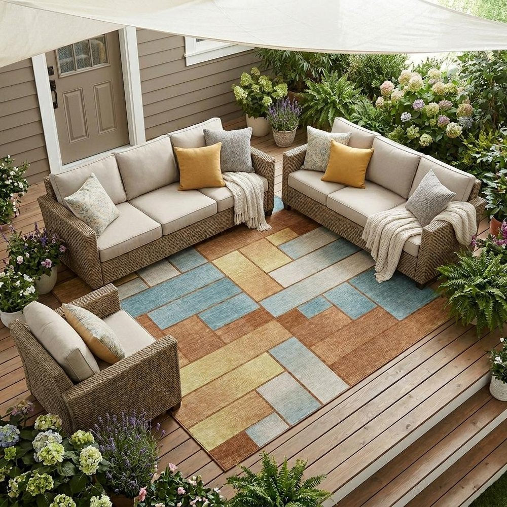9' X 12' Orange And Blue Geometric Washable Indoor Outdoor Area Rug HomeRoots