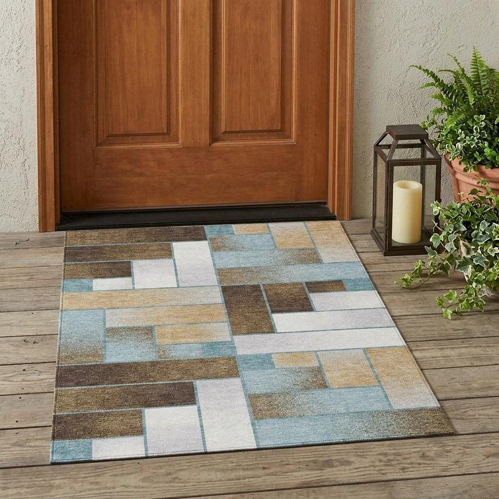 3' X 5' Teal Blue And Gold Geometric Washable Indoor Outdoor Area Rug — view 6