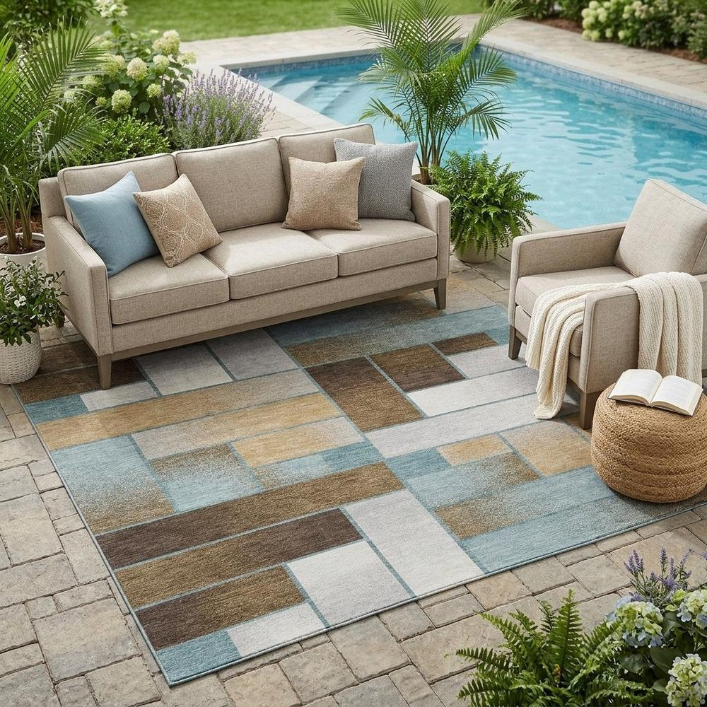 5' X 8' Teal Blue And Gold Geometric Washable Indoor Outdoor Area Rug HomeRoots