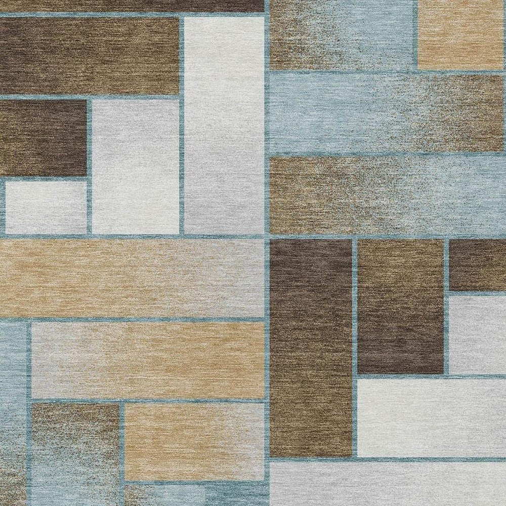 5' X 8' Teal Blue And Gold Geometric Washable Indoor Outdoor Area Rug — view 6