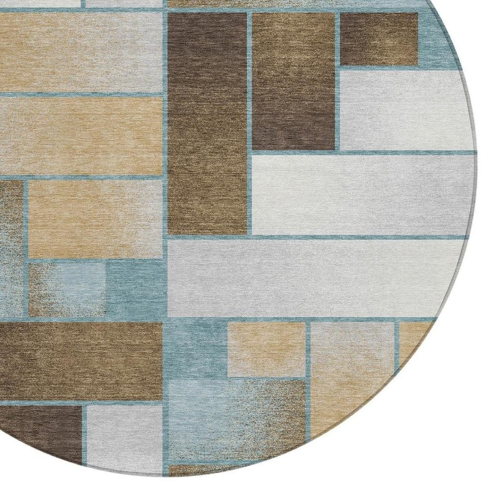 8' Teal Blue And Gold Round Geometric Washable Indoor Outdoor Area Rug — view 6