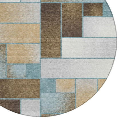 8' Teal Blue And Gold Round Geometric Washable Indoor Outdoor Area Rug HomeRoots