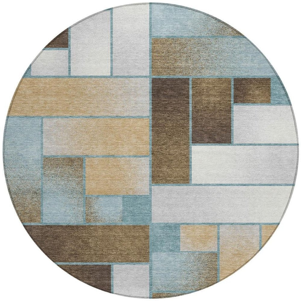 8' Teal Blue And Gold Round Geometric Washable Indoor Outdoor Area Rug — view 7