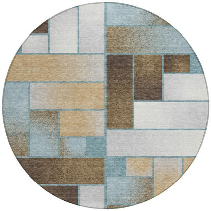 8' Teal Blue And Gold Round Geometric Washable Indoor Outdoor Area Rug HomeRoots