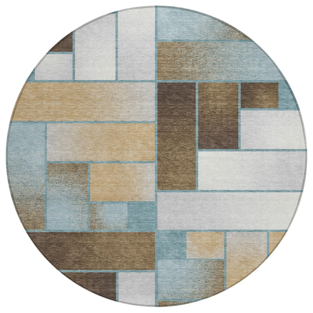 8' Teal Blue And Gold Round Geometric Washable Indoor Outdoor Area Rug HomeRoots