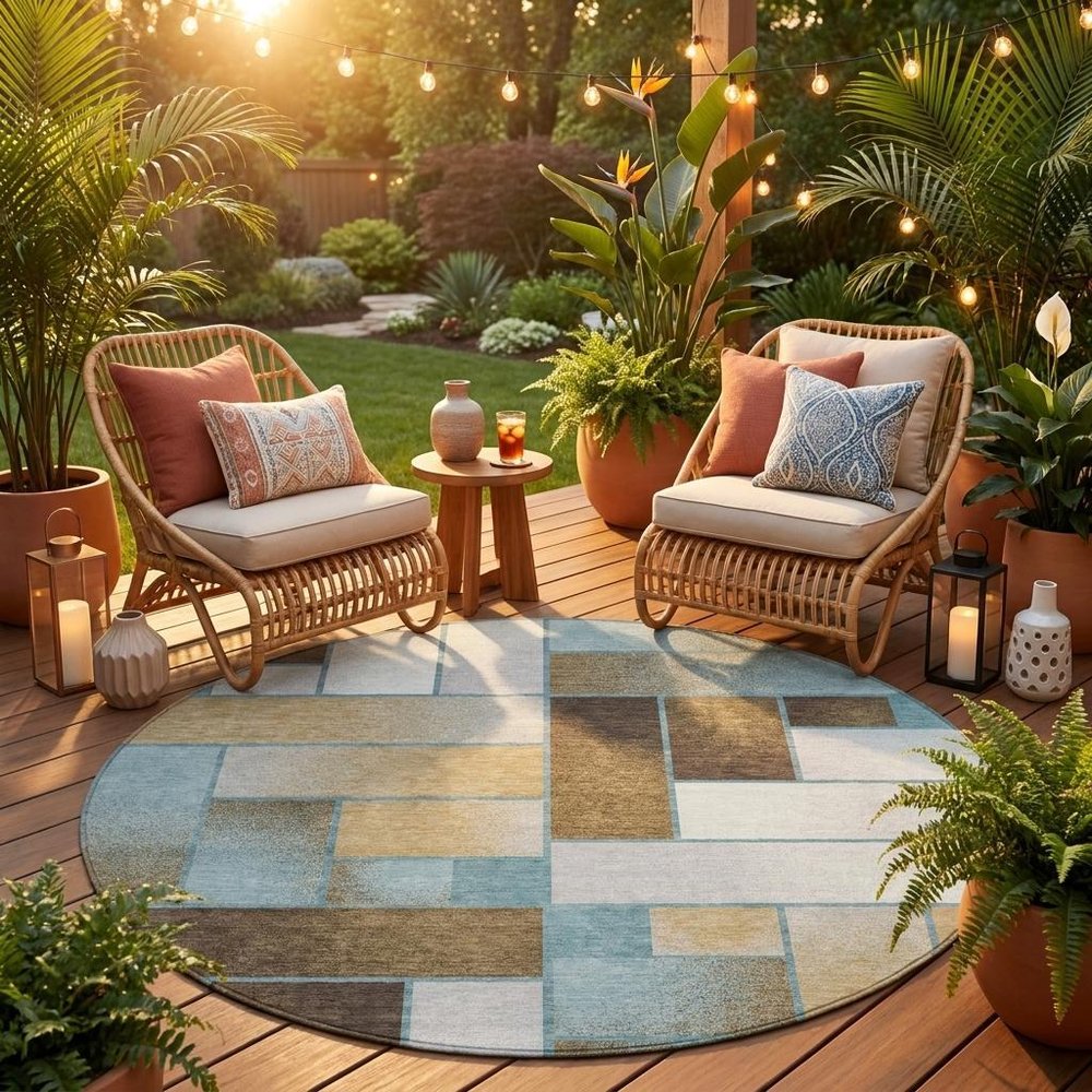 8' Teal Blue And Gold Round Geometric Washable Indoor Outdoor Area Rug HomeRoots