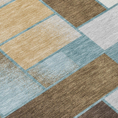 8' Teal Blue And Gold Round Geometric Washable Indoor Outdoor Area Rug HomeRoots