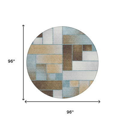 8' Teal Blue And Gold Round Geometric Washable Indoor Outdoor Area Rug HomeRoots