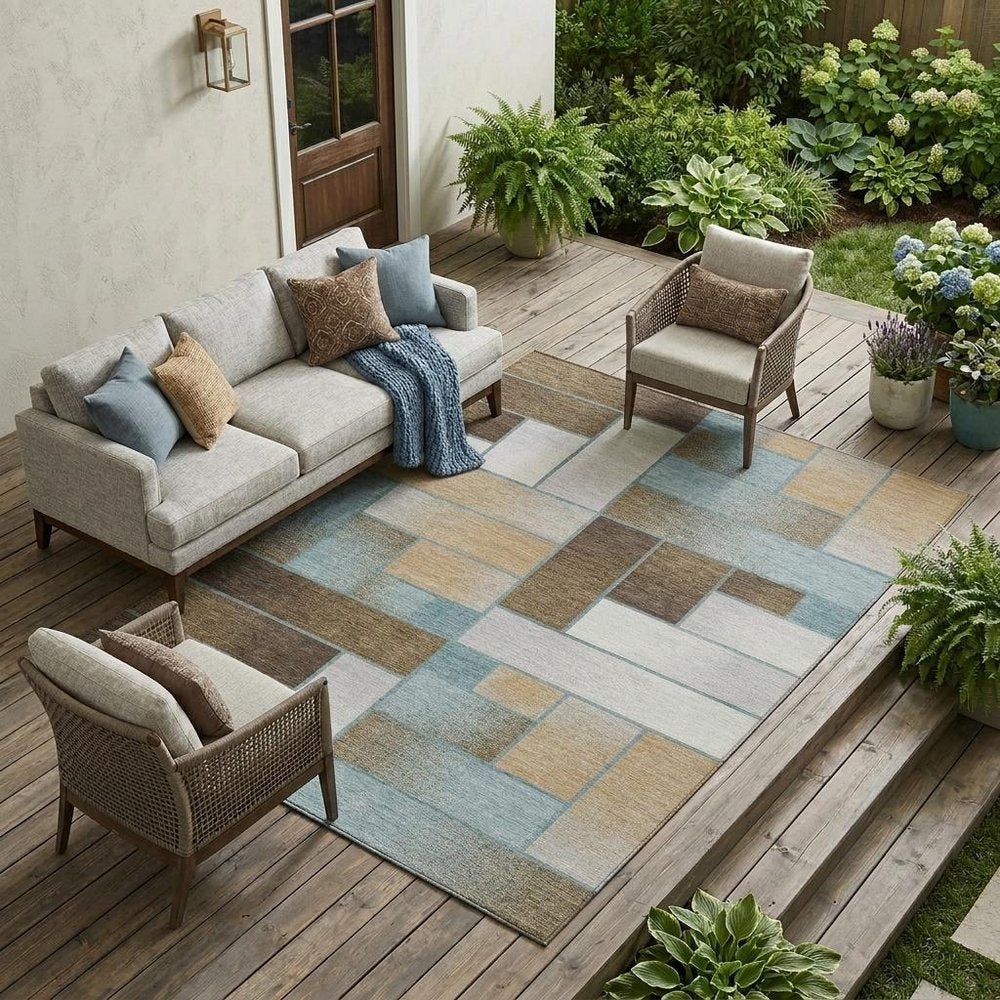 8' X 10' Teal Blue And Gold Geometric Washable Indoor Outdoor Area Rug HomeRoots