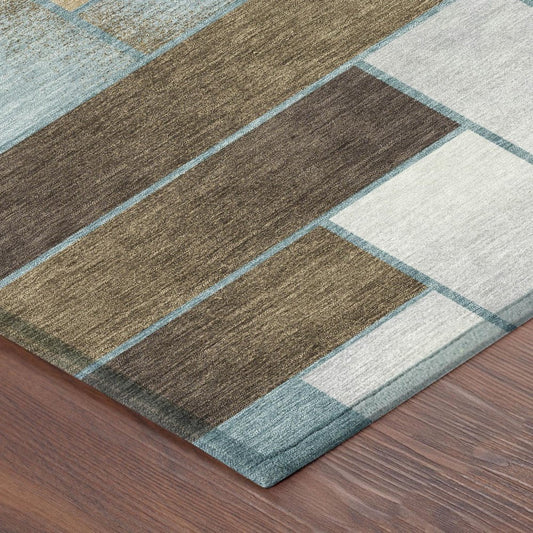 9' X 12' Teal Blue And Gold Geometric Washable Indoor Outdoor Area Rug