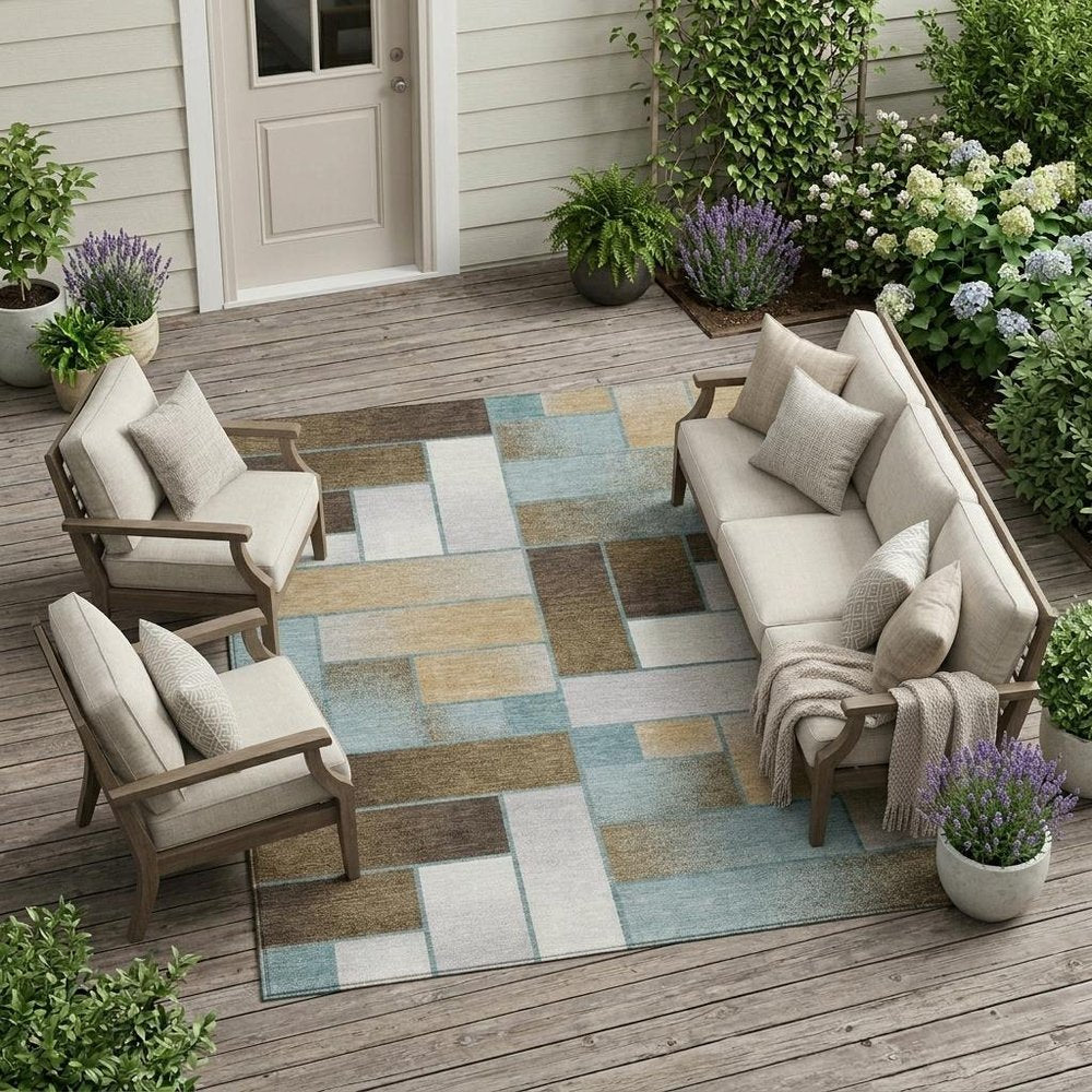 9' X 12' Teal Blue And Gold Geometric Washable Indoor Outdoor Area Rug — view 5